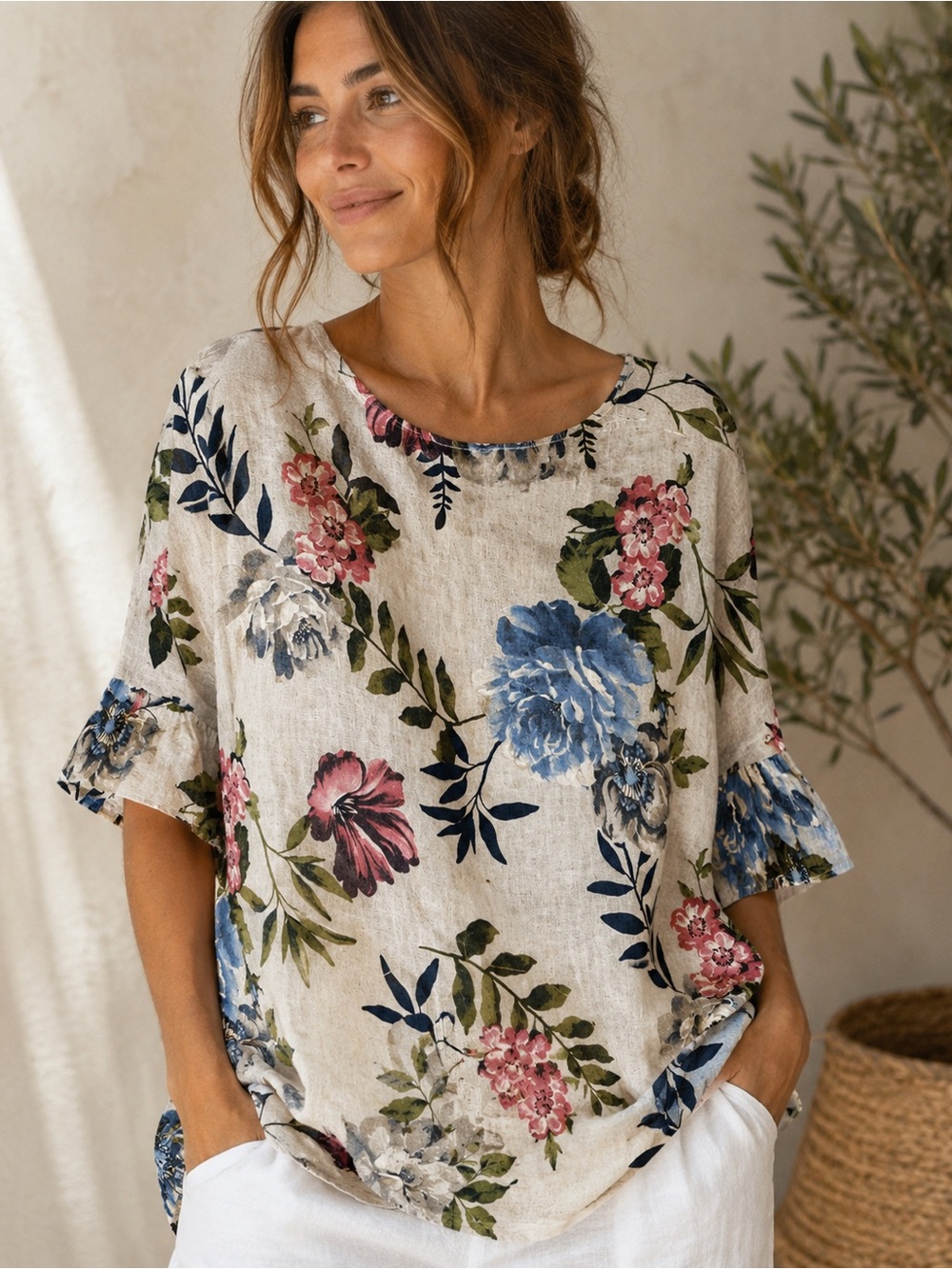 Laura Bianchi Made in Italy 100% Linen Floral Blouse Medium